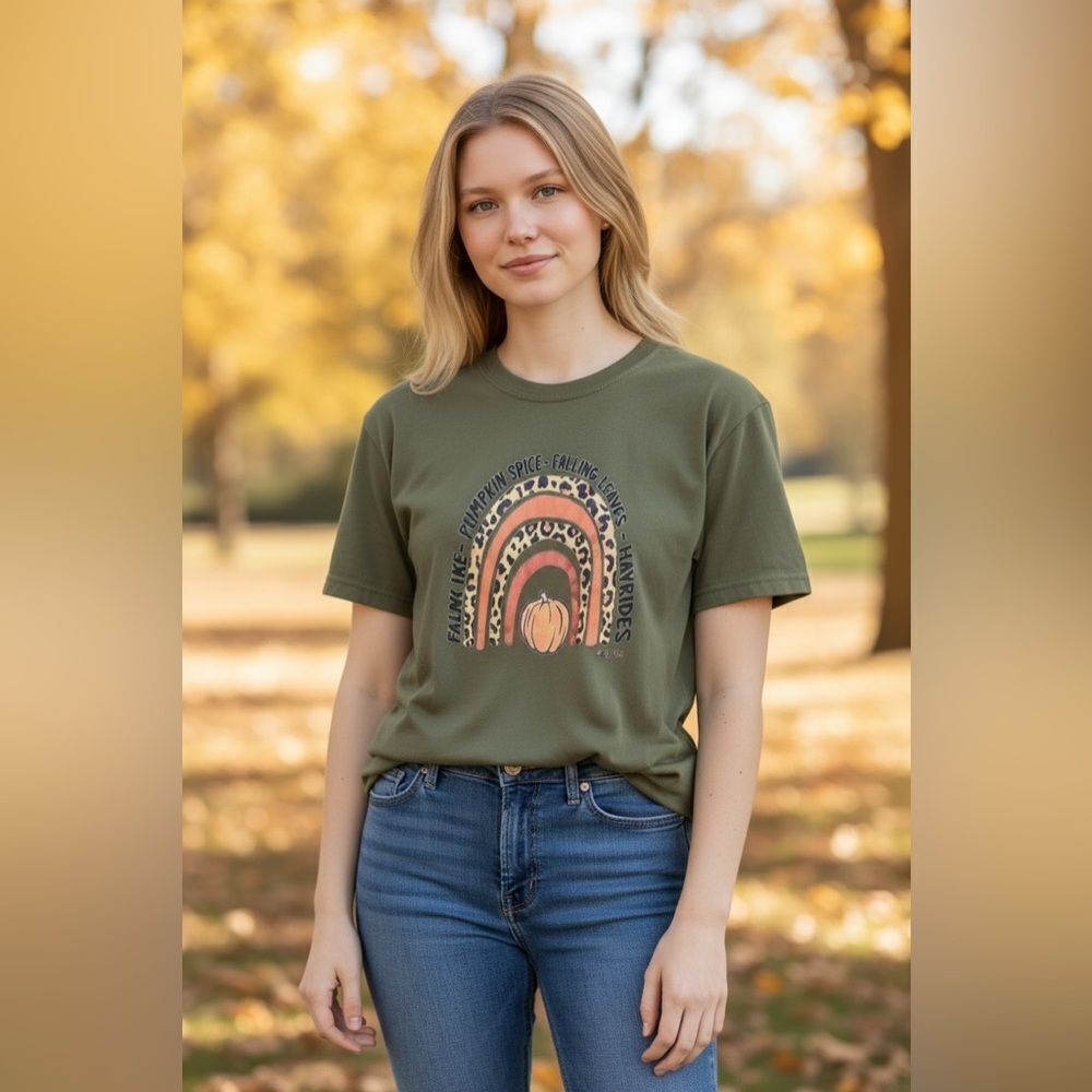 EUC Plus Size Short Sleeve Olive Green Graphic Tee Shirt Fall Design - Size 3XL